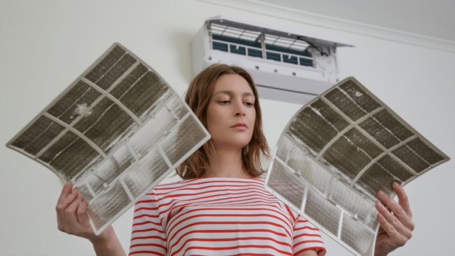 Women holding two dirty AC filters