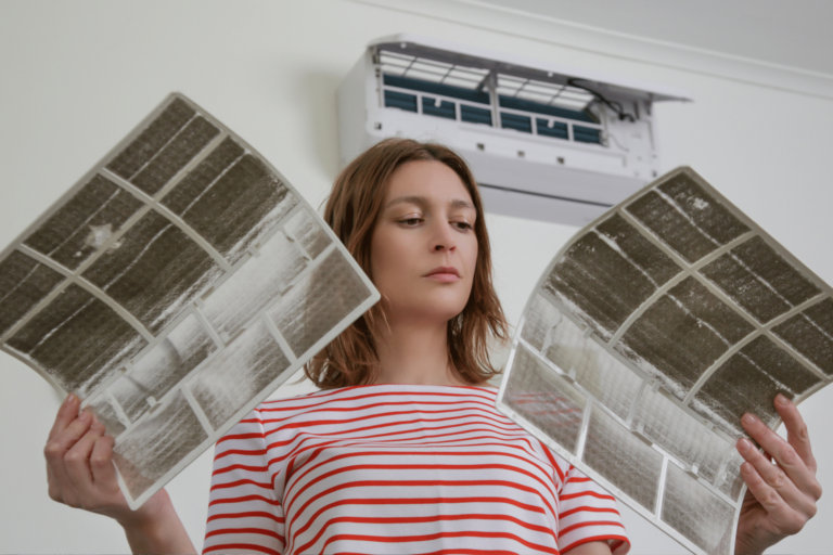 Women holding two dirty AC filters