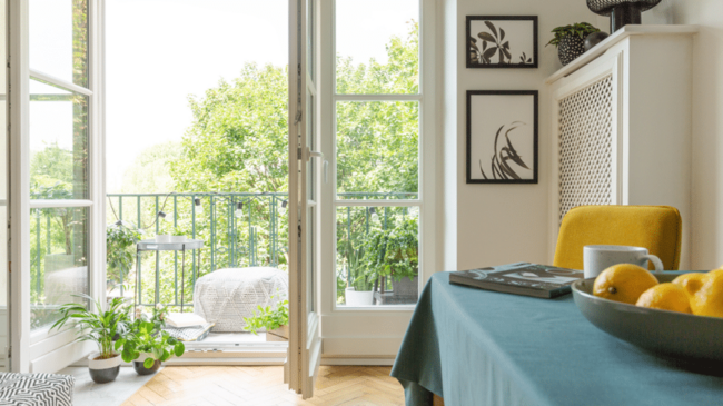 Door to balcony open with foliage while AC is turned on