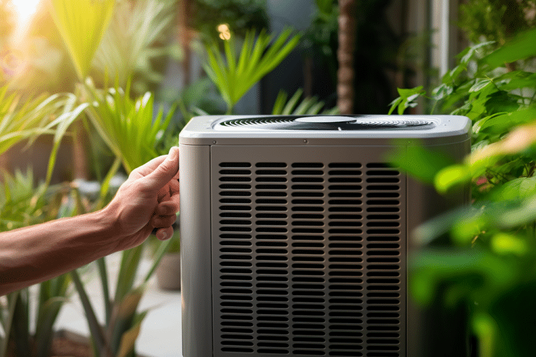 AC maintenance heat pump unit surrounded by green plants in a Florida backyard.