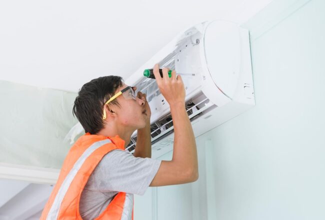 a man in safety vest fixing hvac system